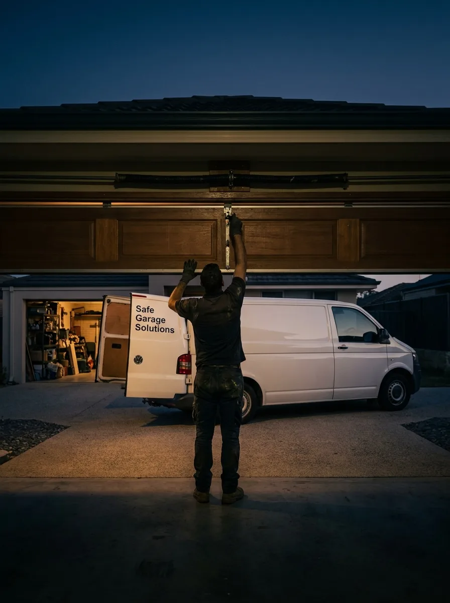 A garage door technician working on a sectional garage door's torsion spring at a Perth home at dusk